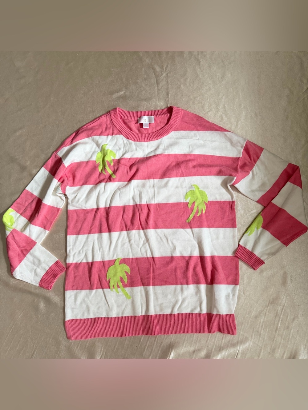 Belle by Kim Gravel Sunkissed Striped Palm Tree Motif Sweater Small A691746
